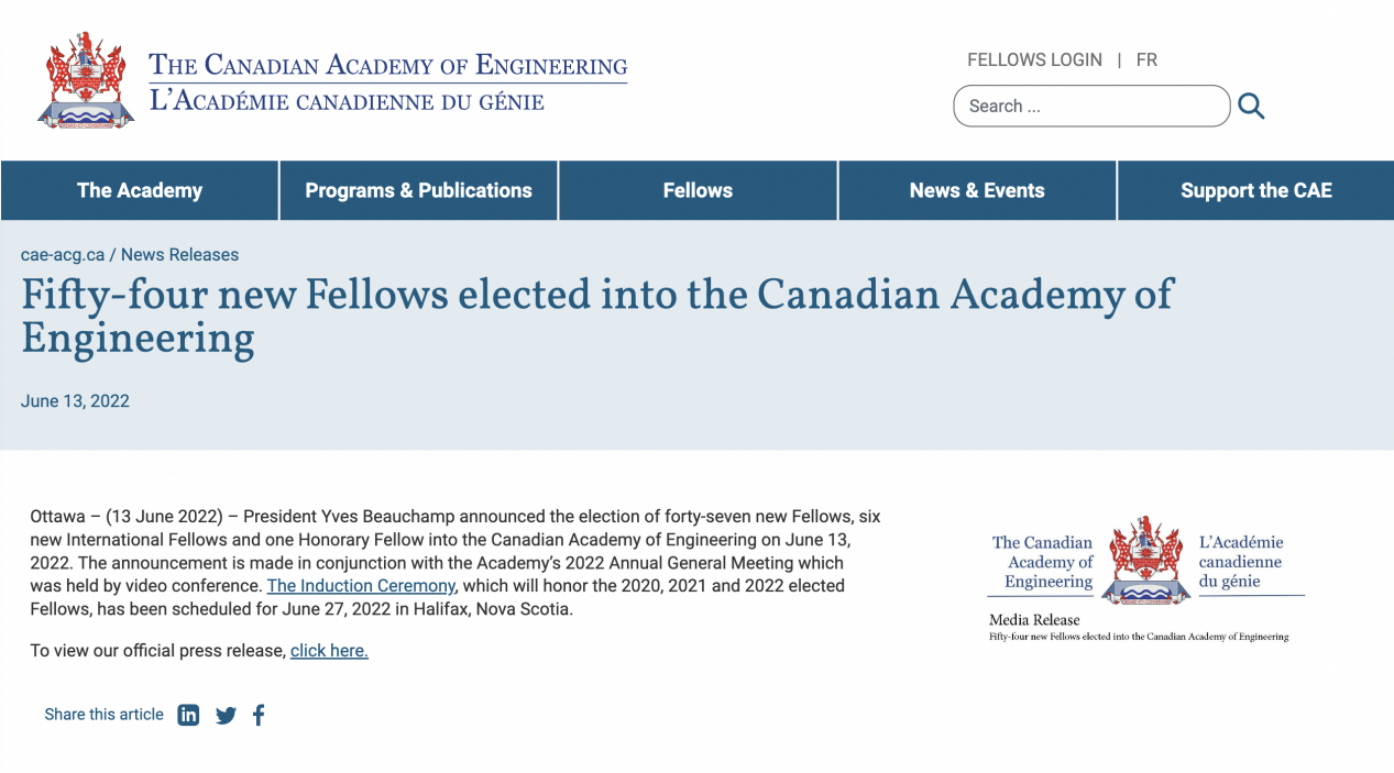 DHU Alumnus Dr. Malcolm Xing Elected into Canadian Academy of Engineering